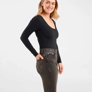 NUUDS Long Sleeve Scoop Neck Bodysuit Black XL Minimalist Layering Stretch